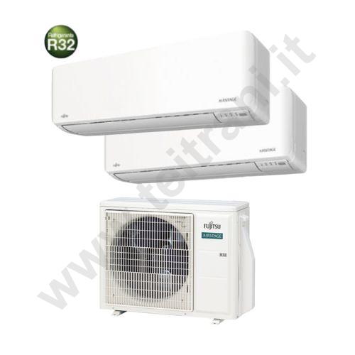 FUDUAL0909 - FUJITSU DUALSPLIT CON UNITA' ESTERNA MODELLO AOEG14KBCA2 2 ATTACCHI DC INVERTER E 2 UNITA' INTERNE A PARETE ALTA MODELLO KNCA DC INVERTER 9000+9000 BTU GAS R32